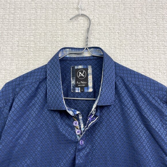 Au Noir Shirt Men Sz 4 Button Up Blue Geometric Holographic AOP Boho Preppy - Picture 2 of 13